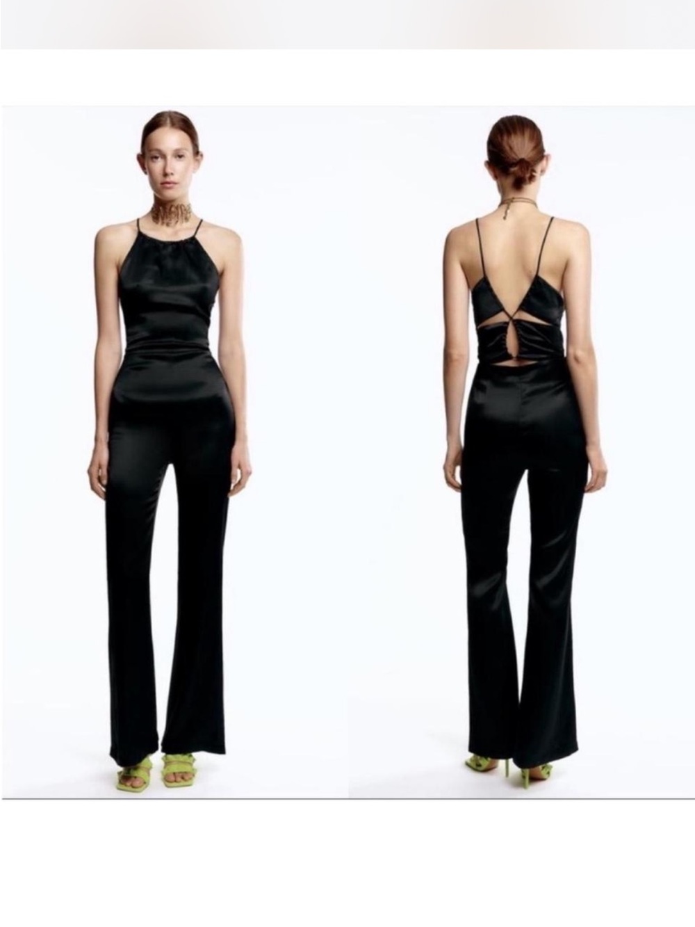 Zara Black Satin Halter Jumpsuit with Open Back